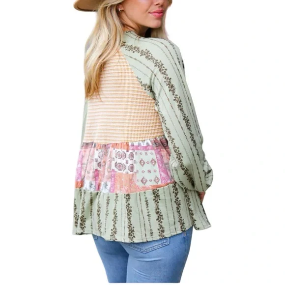 NEW HAPTICS OLIVE & MUSTARD BOHO TWO TONE TIERED BABYDOLL TOP - Picture 11 of 11